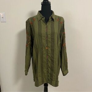 Bobbie Brooks Button up Green Gingham Floral embroidered Tunic Top size Large